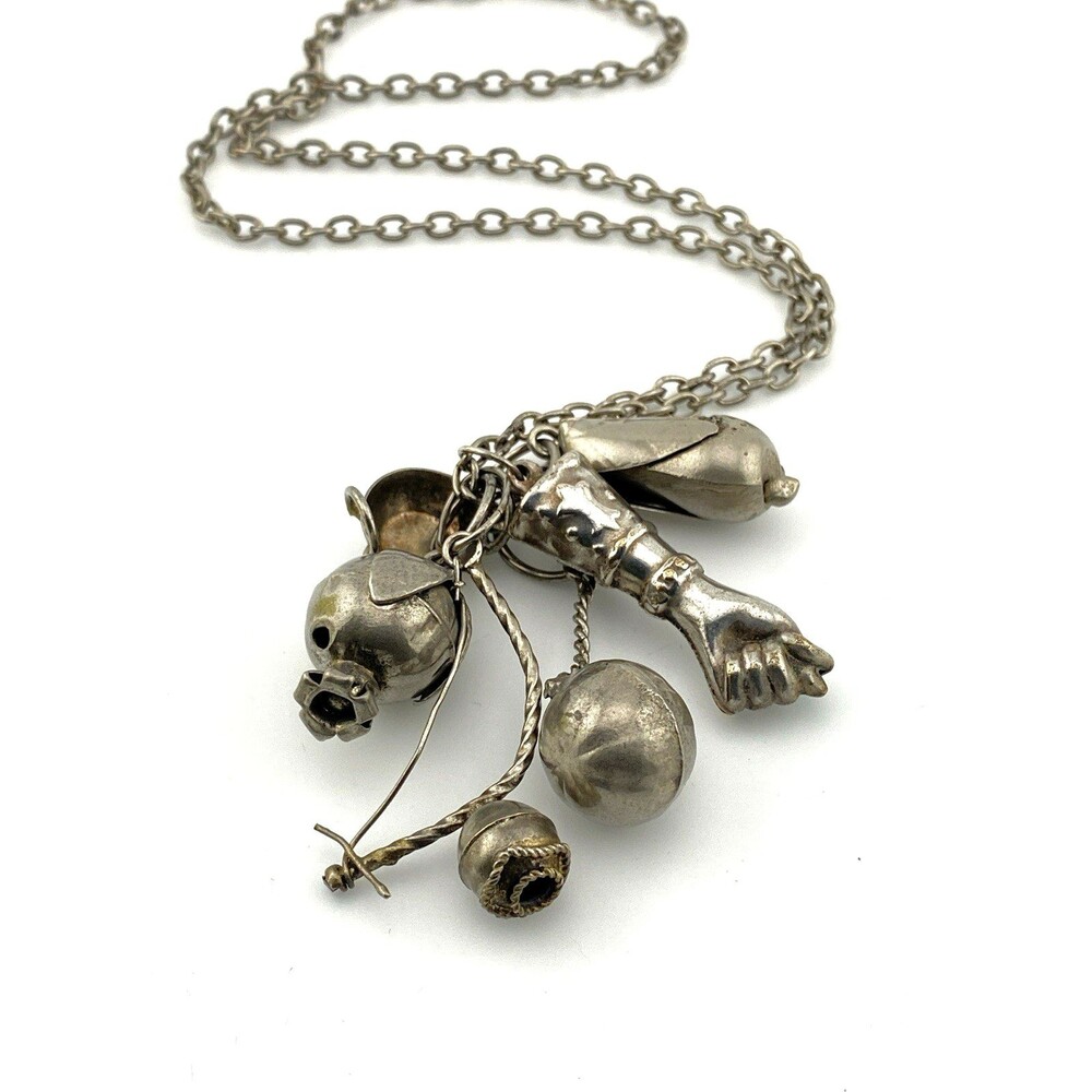 Vintage Brazilian Penca de Balangandan Figa Amulet Six Charm Necklace 22"